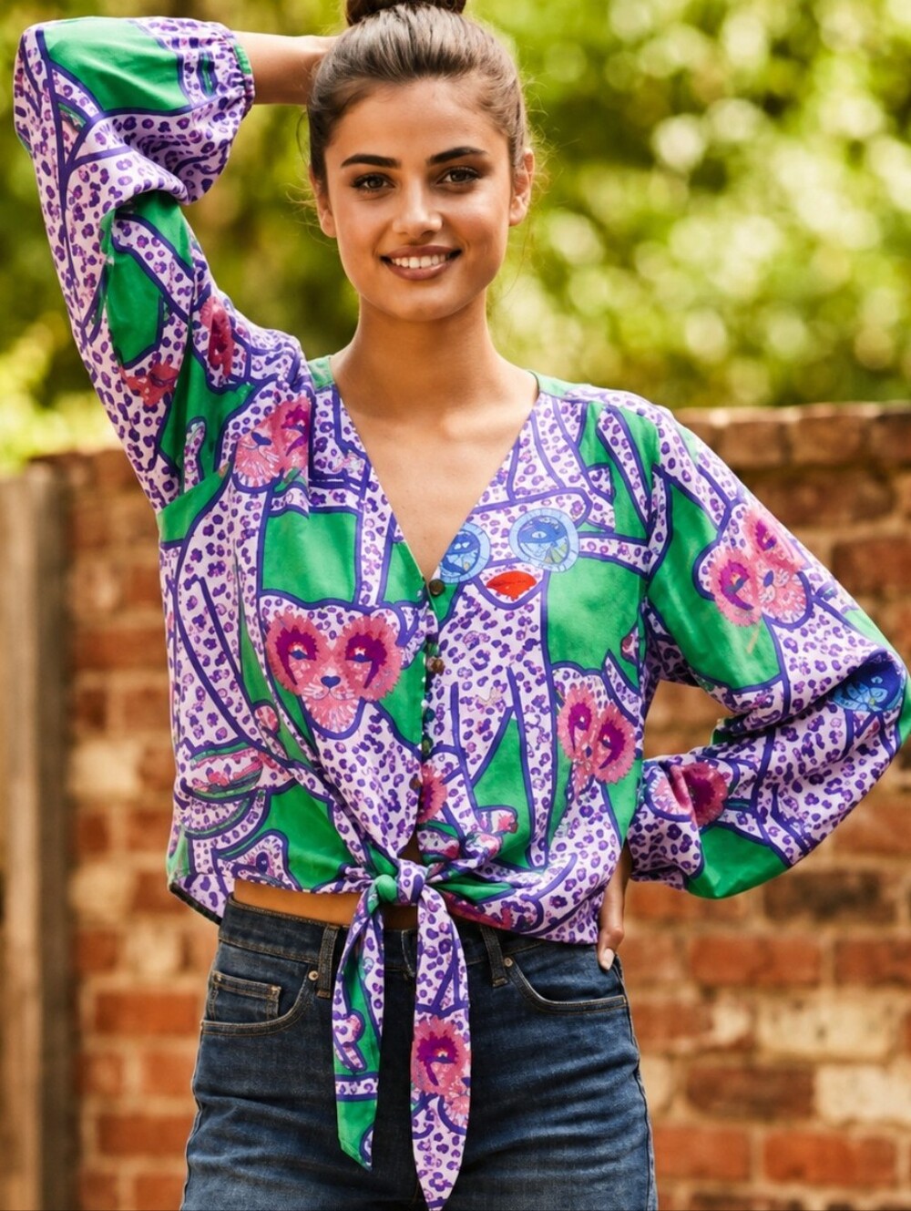 Anthropologie Kendra Dandy Tie Front Button Boho Blouse size 2 Leopard Print Top